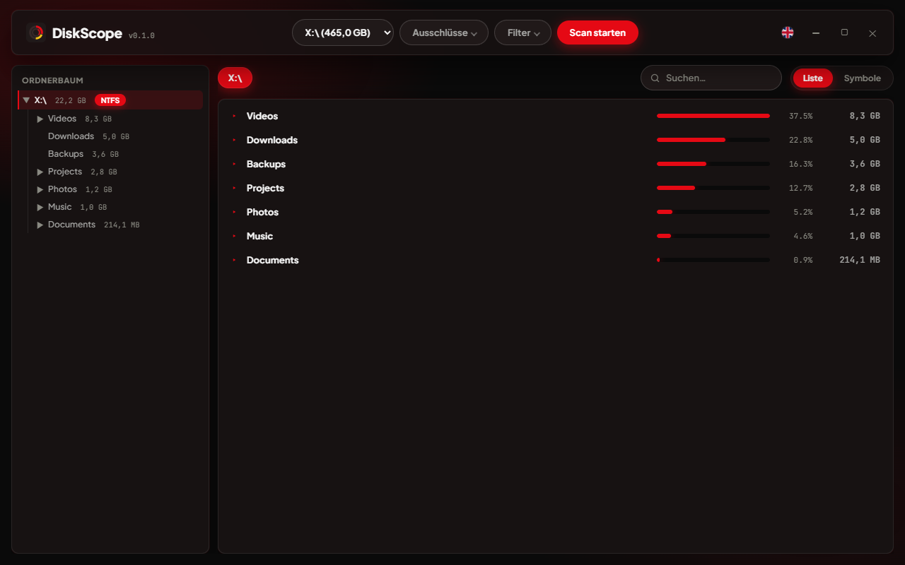 The same interface switched to German