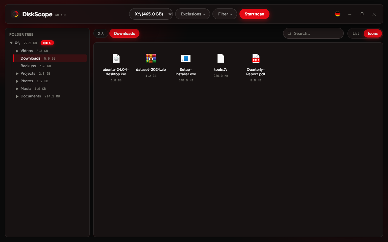 Icon grid view with real file-type icons