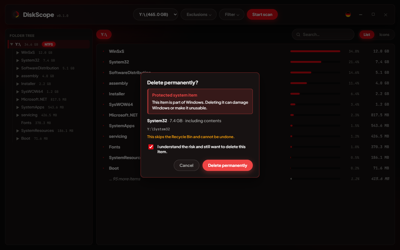 Confirmation dialog for a protected system folder, requiring an acknowledgement checkbox